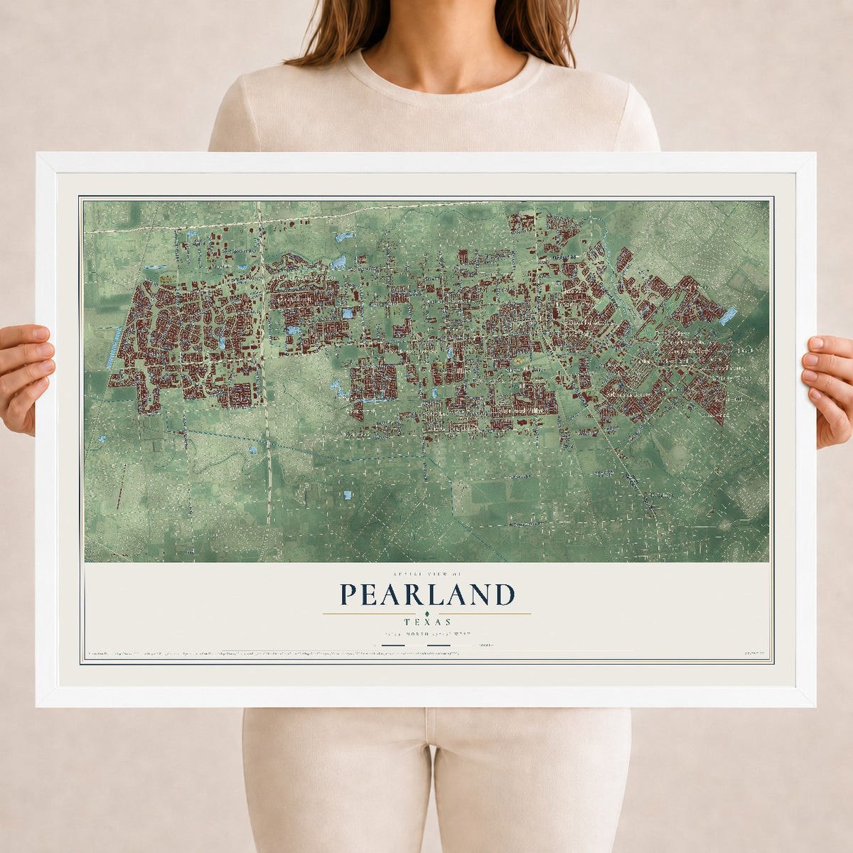 Map of Pearland, Texas, 18 x 24 inch print in a white wood frame