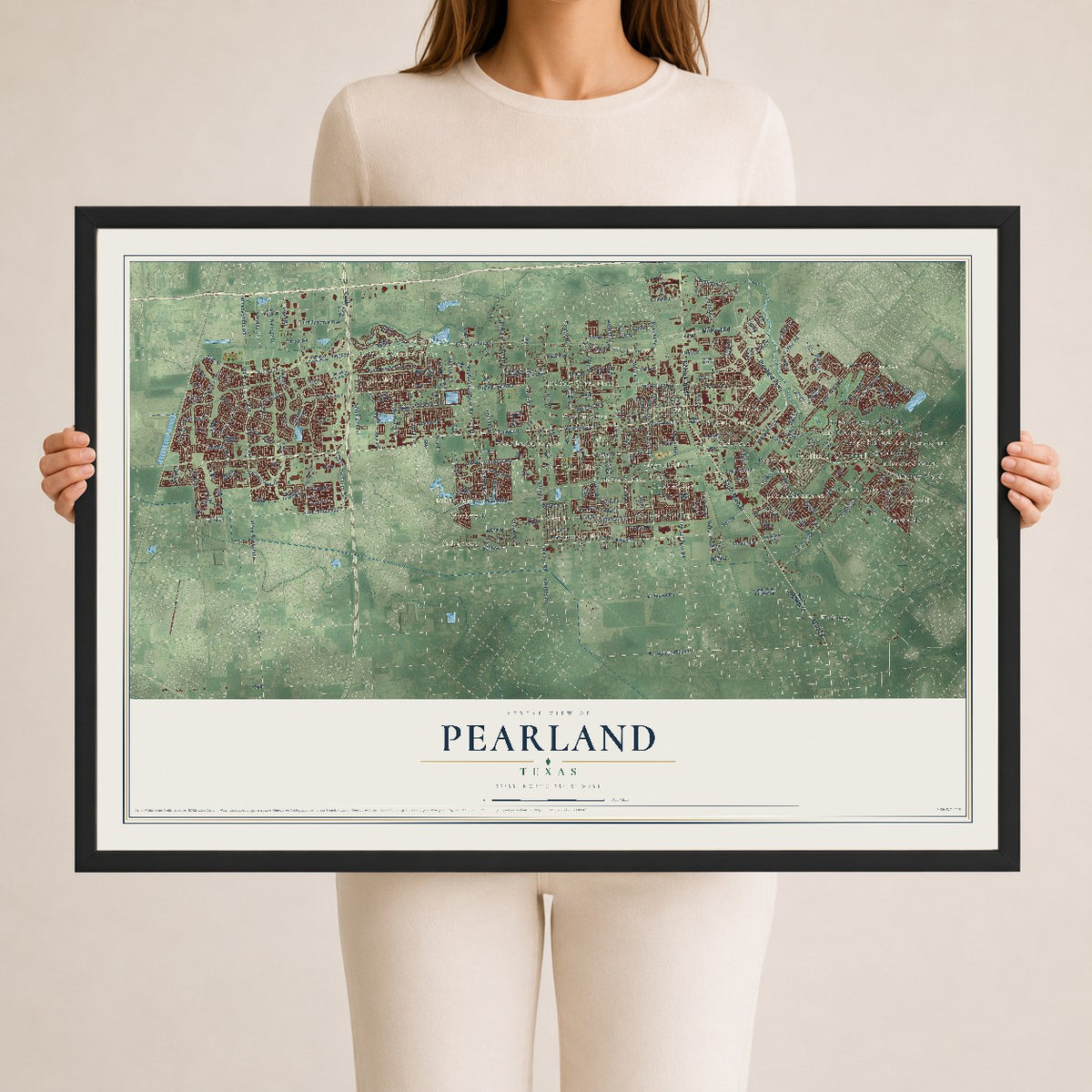 Map of Pearland, Texas, 24 x 36 inch print in a black wood frame