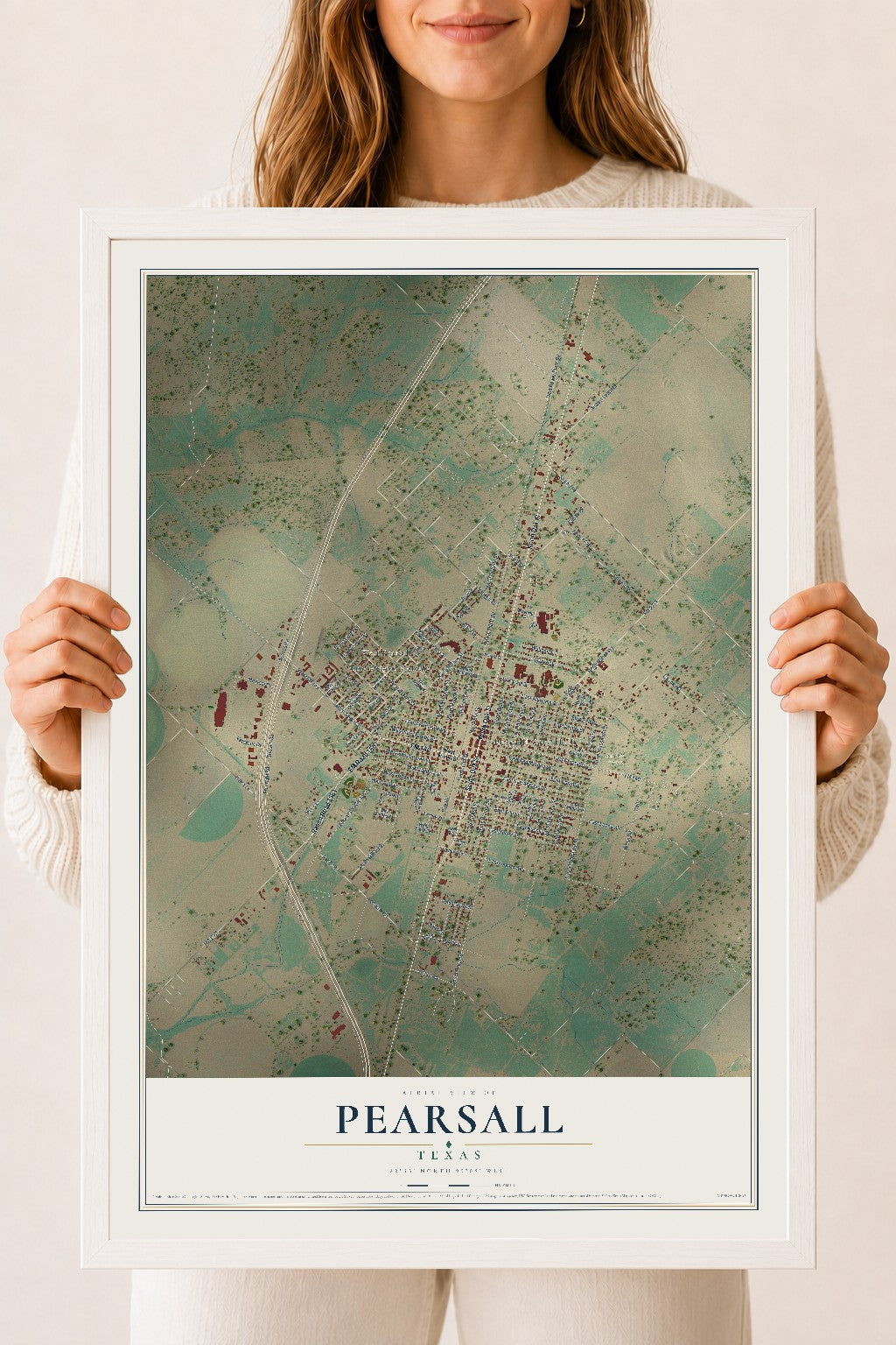 Map of Pearsall, Texas, 18 x 24 inch print in a white wood frame