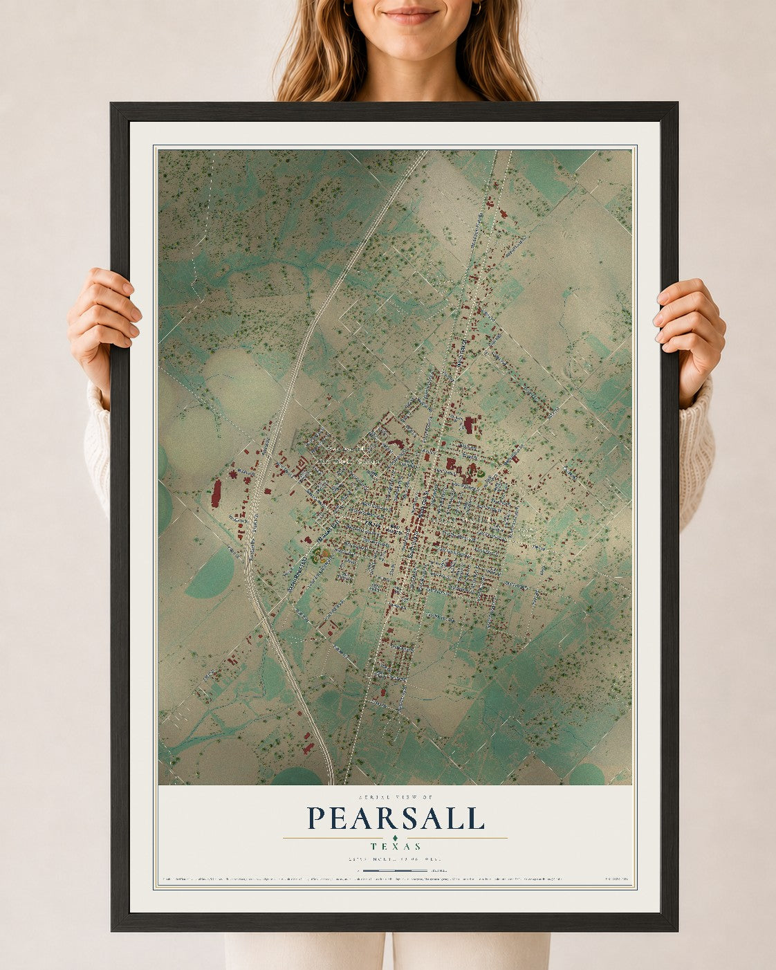 Map of Pearsall, Texas, 24 x 36 inch print in a black wood frame