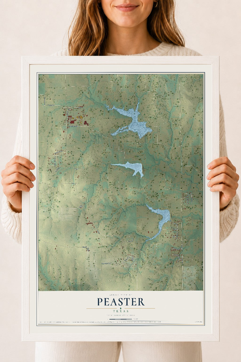 Map of Peaster, Texas, 18 x 24 inch print in a white wood frame