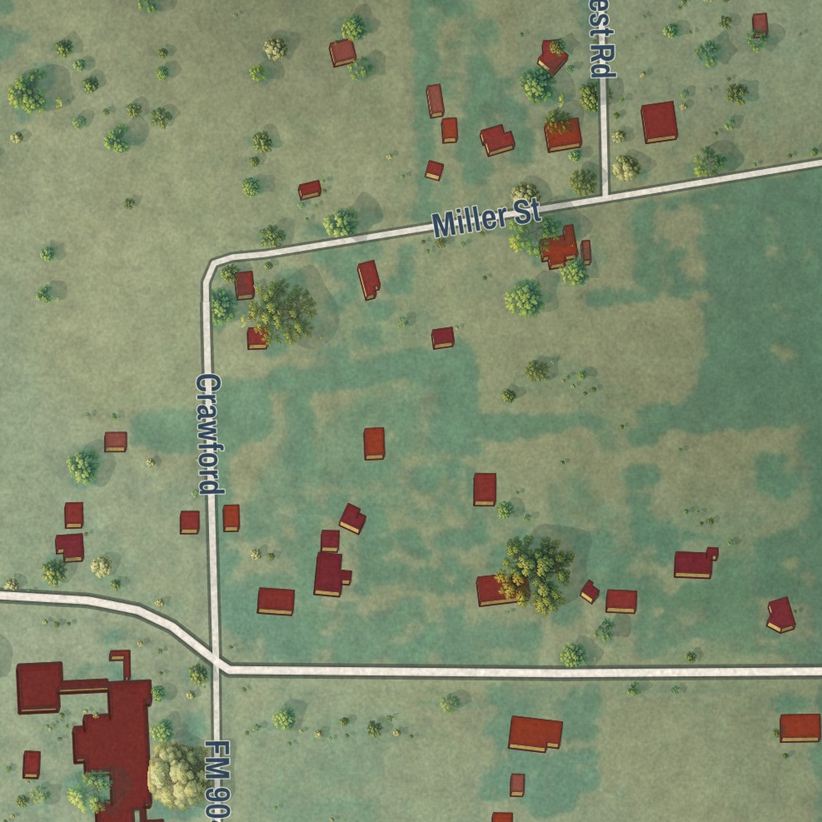 Second close-up of the map of Pecan Gap, Texas print showing more streets and buildings
