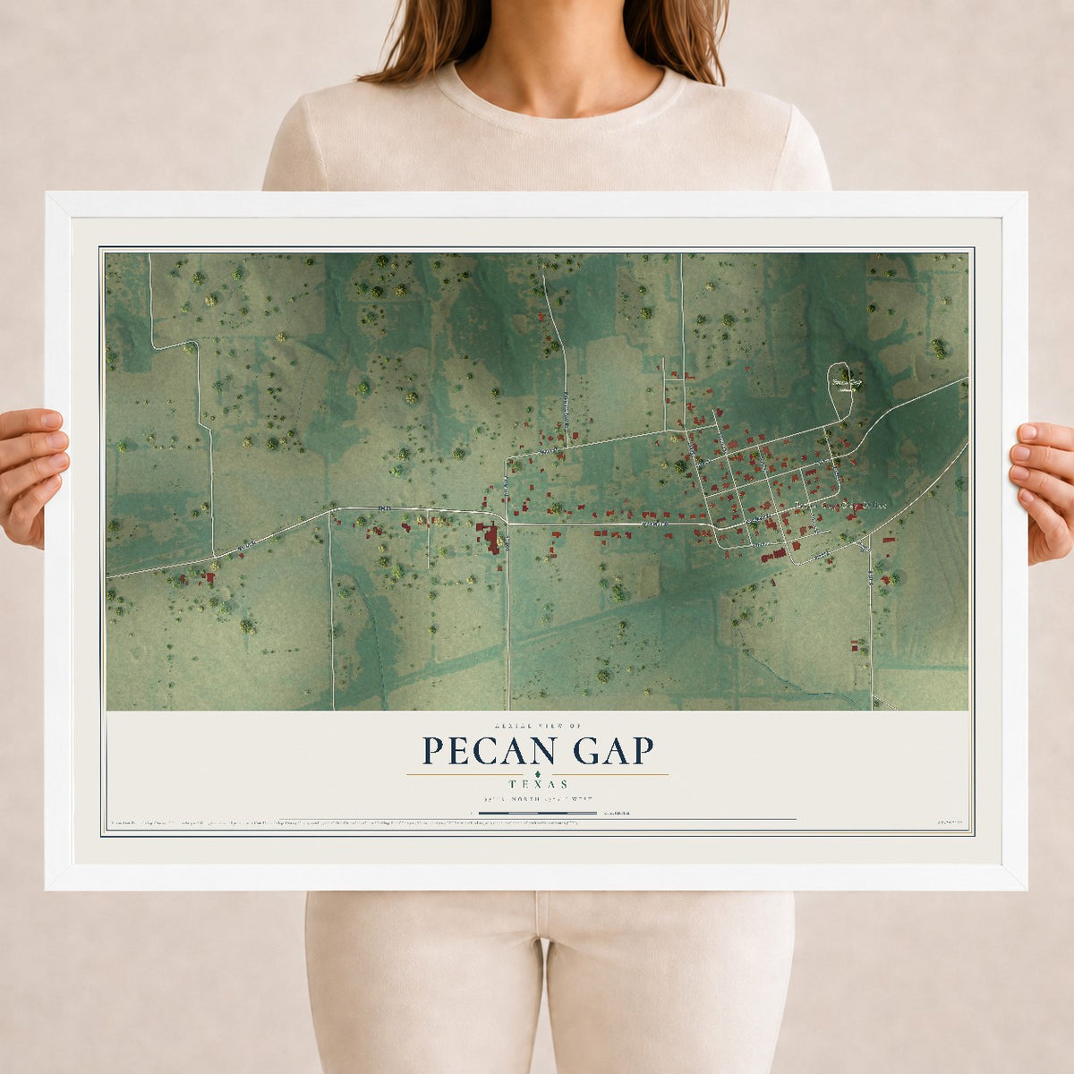Map of Pecan Gap, Texas, 18 x 24 inch print in a white wood frame