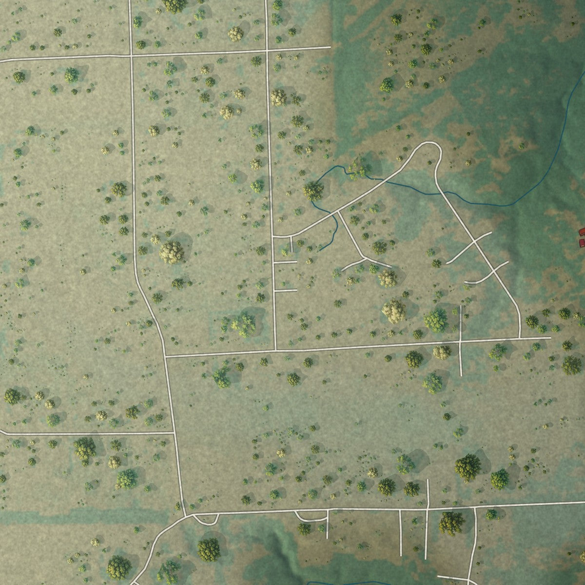 Close-up of the map of Pecan Hill, Texas print showing street and building detail