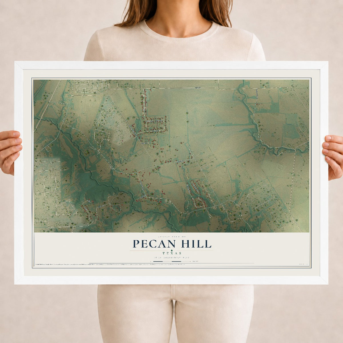Map of Pecan Hill, Texas, 18 x 24 inch print in a white wood frame