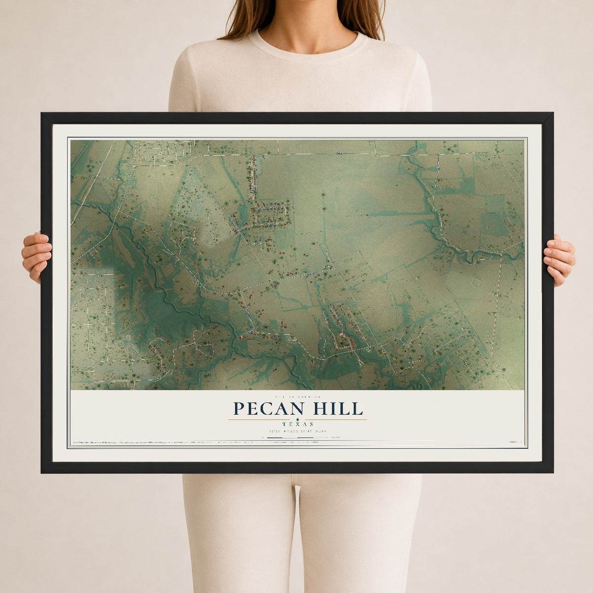Map of Pecan Hill, Texas, 24 x 36 inch print in a black wood frame