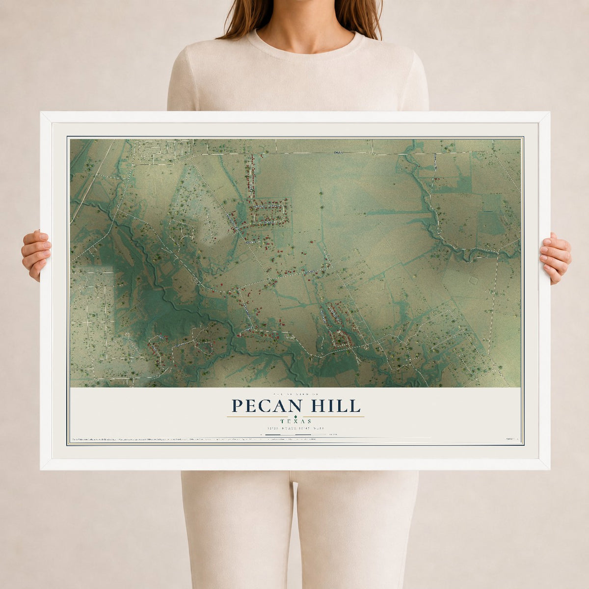 Map of Pecan Hill, Texas, 24 x 36 inch print in a white wood frame