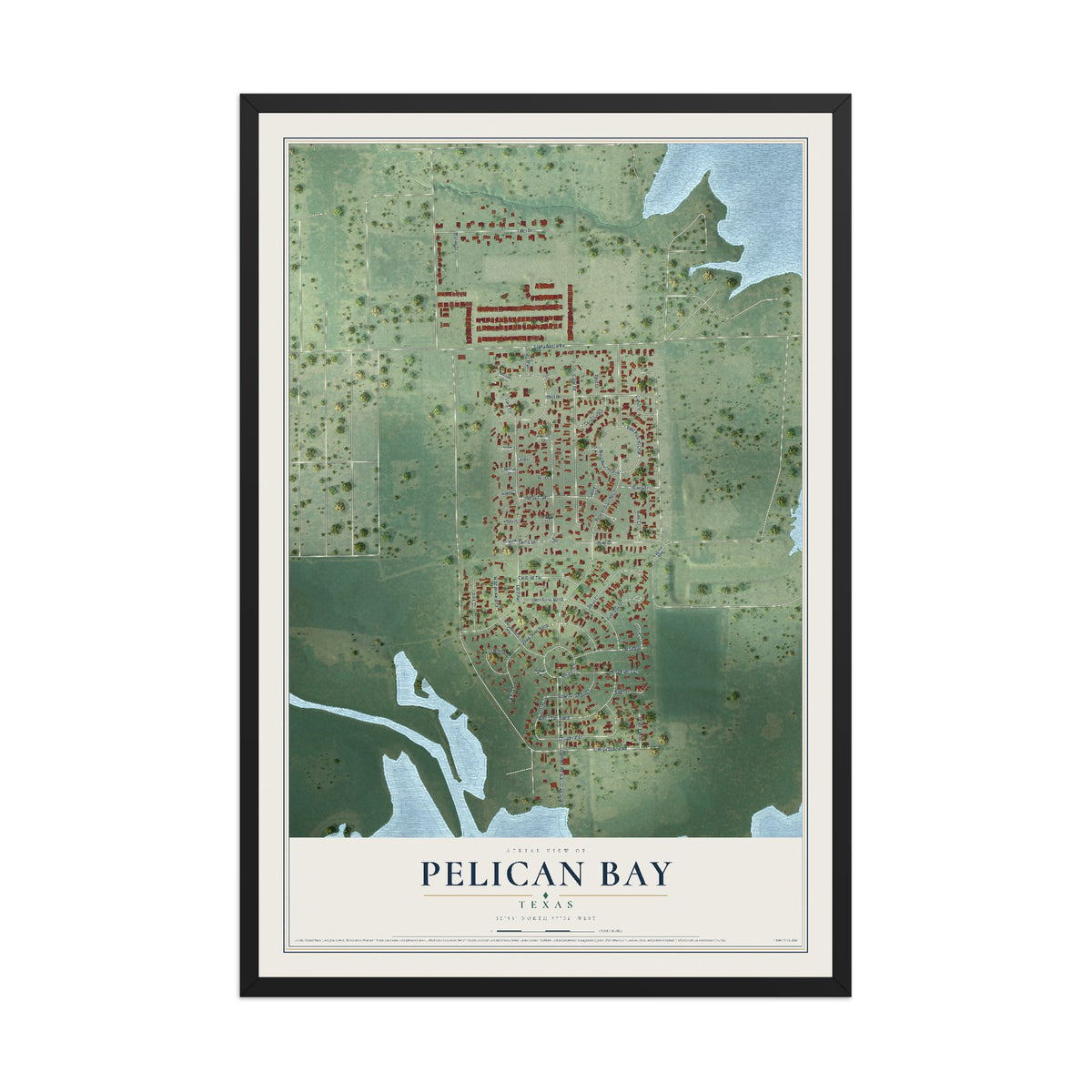 Map of Pelican Bay, Texas, 12 x 18 inch print in a black wood frame