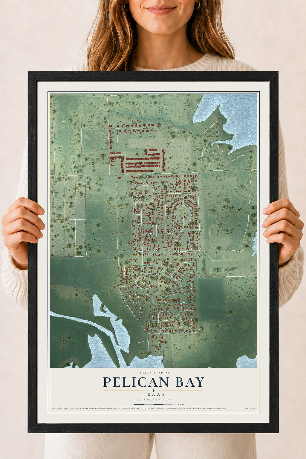 Map of Pelican Bay, Texas, 18 x 24 inch print in a black wood frame