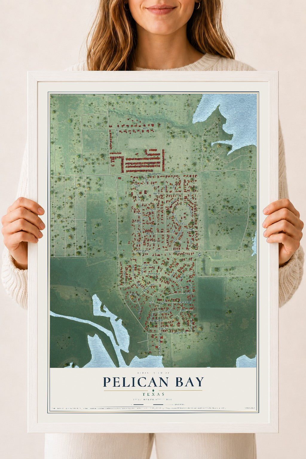 Map of Pelican Bay, Texas, 18 x 24 inch print in a white wood frame