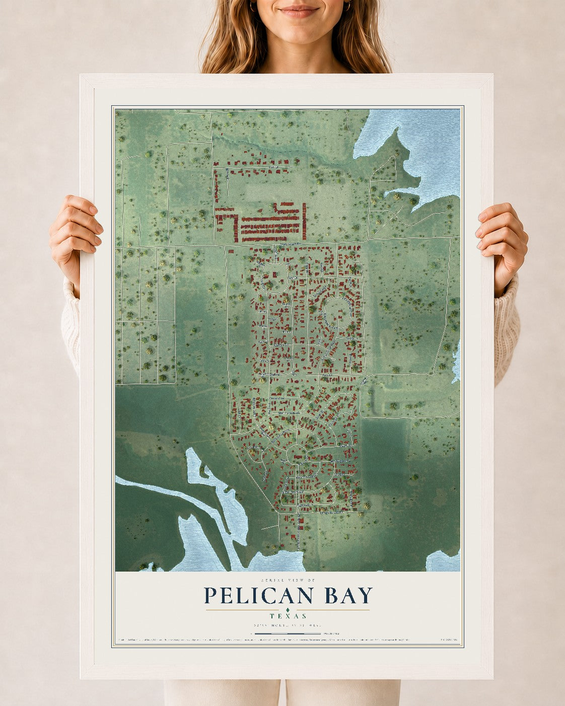 Map of Pelican Bay, Texas, 24 x 36 inch print in a white wood frame