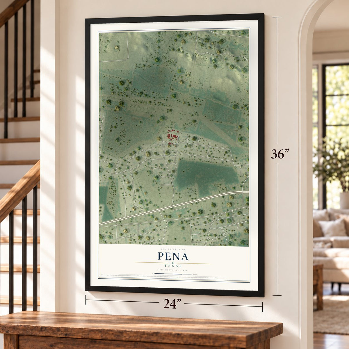 Pena, Texas map, 24 x 36 inch print in a black frame by a staircase
