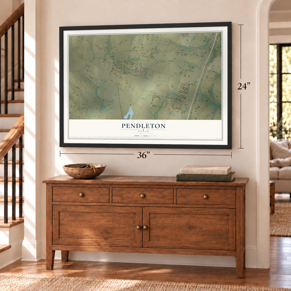 Pendleton, Texas map, 24 x 36 inch print in a black frame above a dresser by a staircase