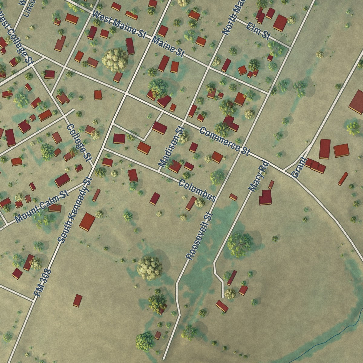 Close-up of the map of Penelope, Texas print showing street and building detail
