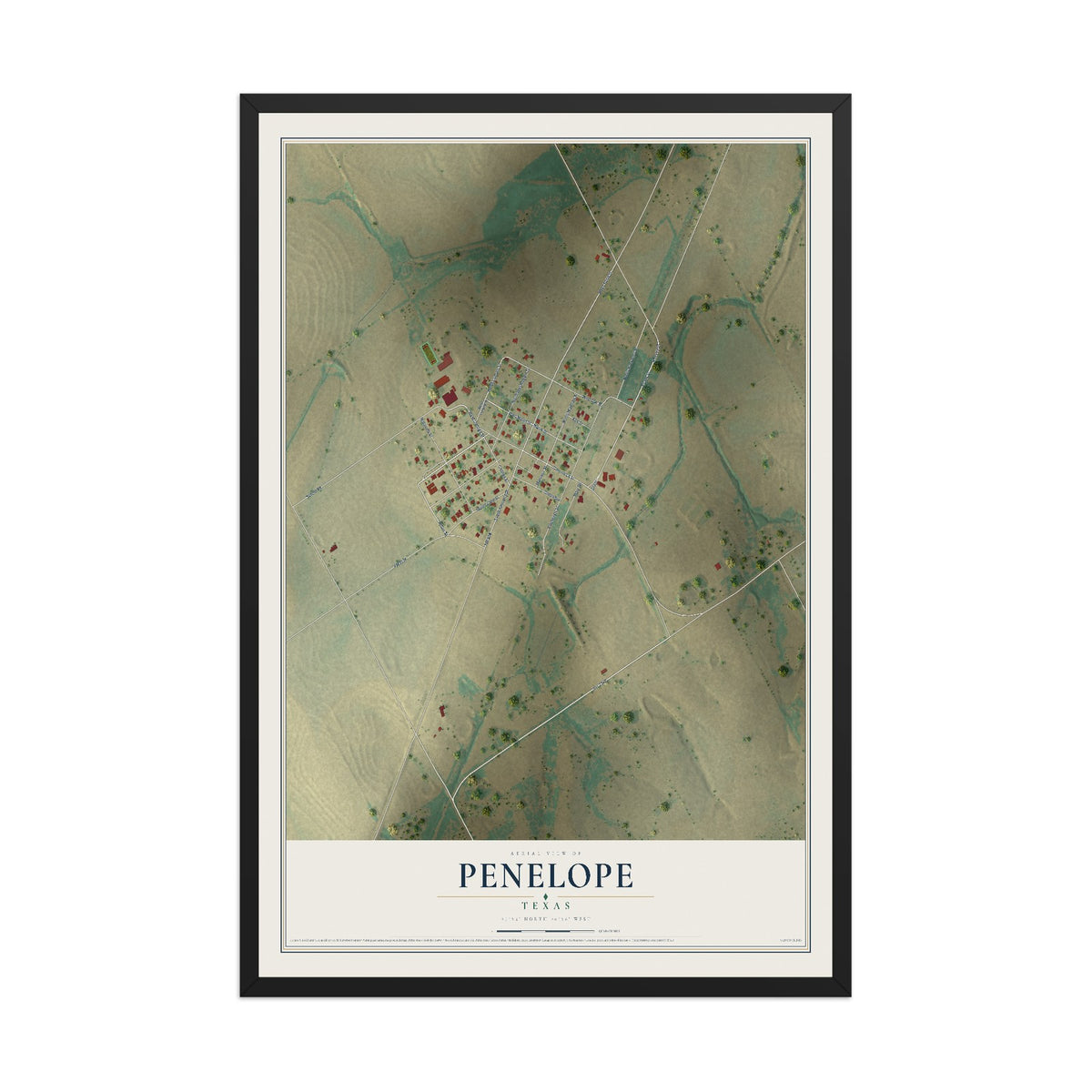 Map of Penelope, Texas, 12 x 18 inch print in a black wood frame