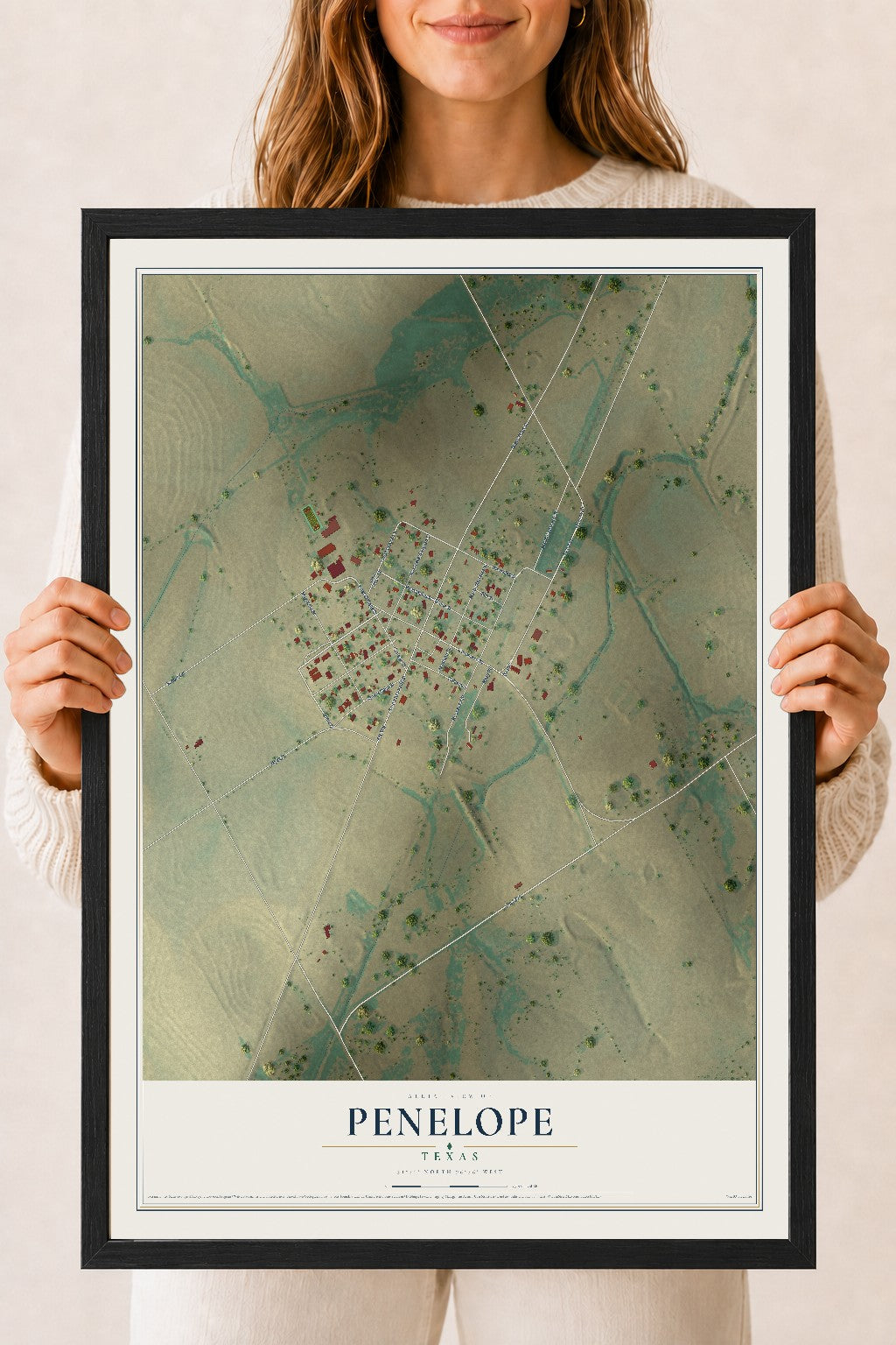 Map of Penelope, Texas, 18 x 24 inch print in a black wood frame
