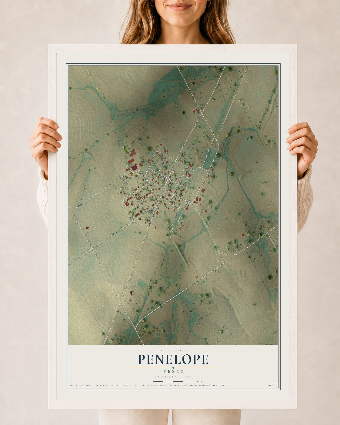 Map of Penelope, Texas, 24 x 36 inch print in a white wood frame