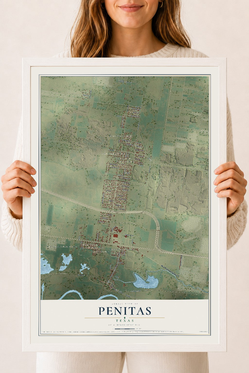 Map of Penitas, Texas, 18 x 24 inch print in a white wood frame