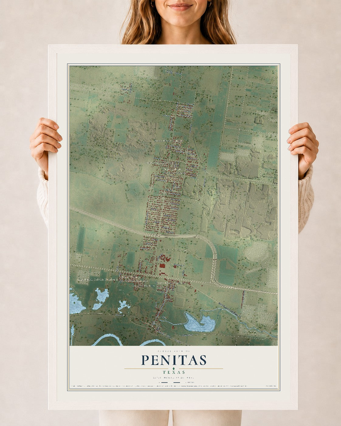 Map of Penitas, Texas, 24 x 36 inch print in a white wood frame