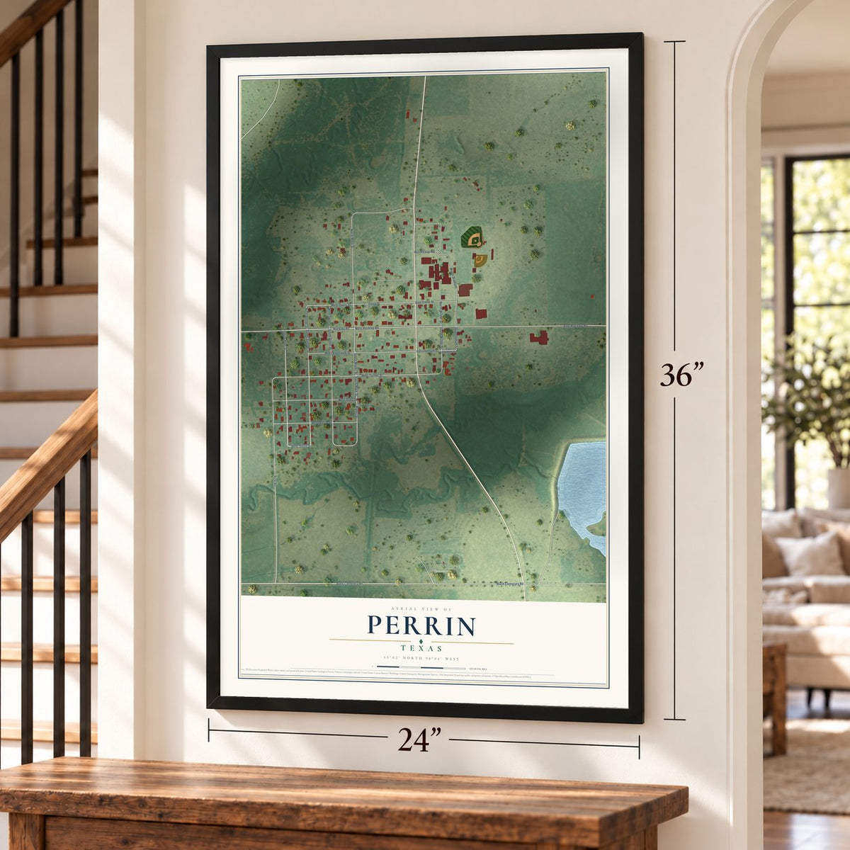 Perrin, Texas map, 24 x 36 inch print in a black frame by a staircase