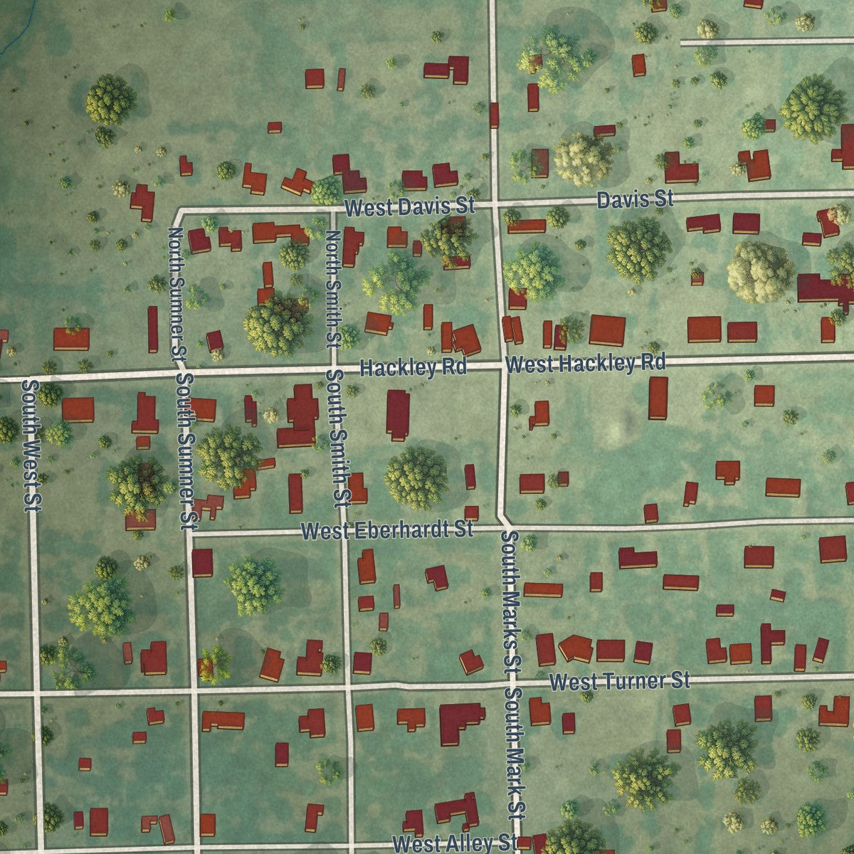 Close-up of the map of Perrin, Texas print showing street and building detail