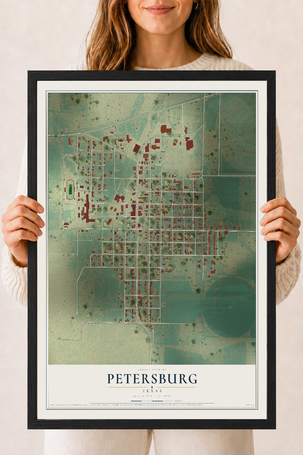 Map of Petersburg, Texas, 18 x 24 inch print in a black wood frame