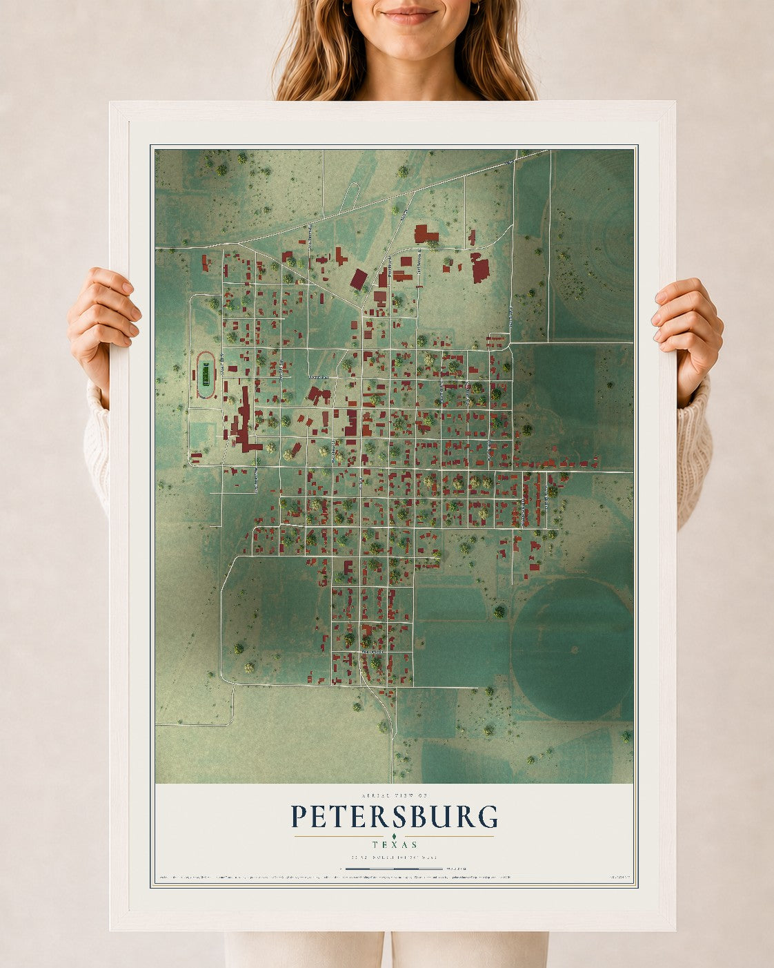 Map of Petersburg, Texas, 24 x 36 inch print in a white wood frame