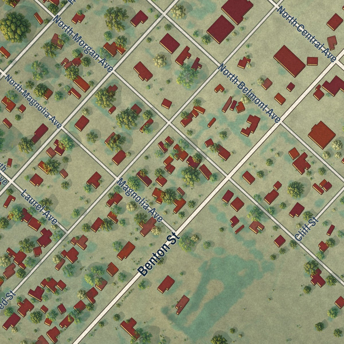 Close-up of the map of Petrolia, Texas print showing street and building detail