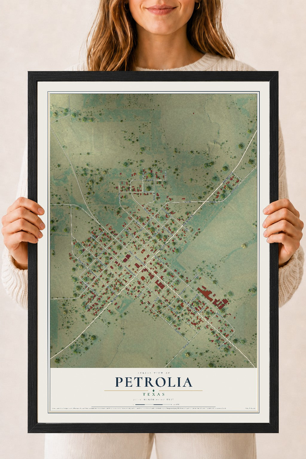 Map of Petrolia, Texas, 18 x 24 inch print in a black wood frame