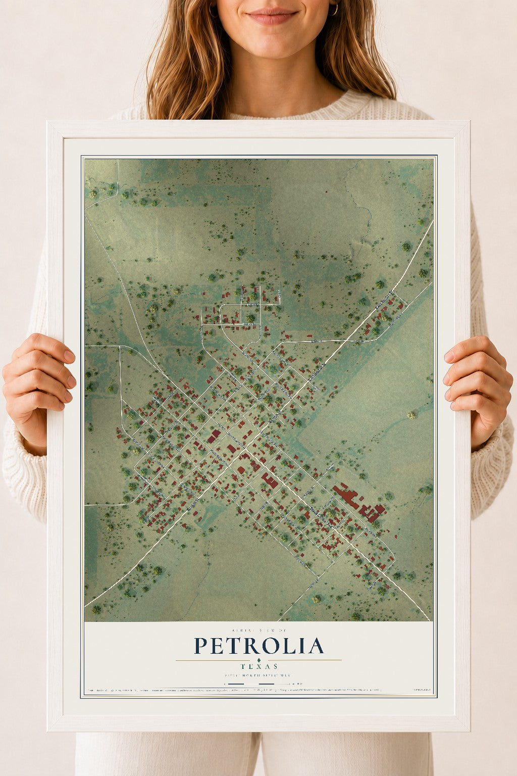 Map of Petrolia, Texas, 18 x 24 inch print in a white wood frame