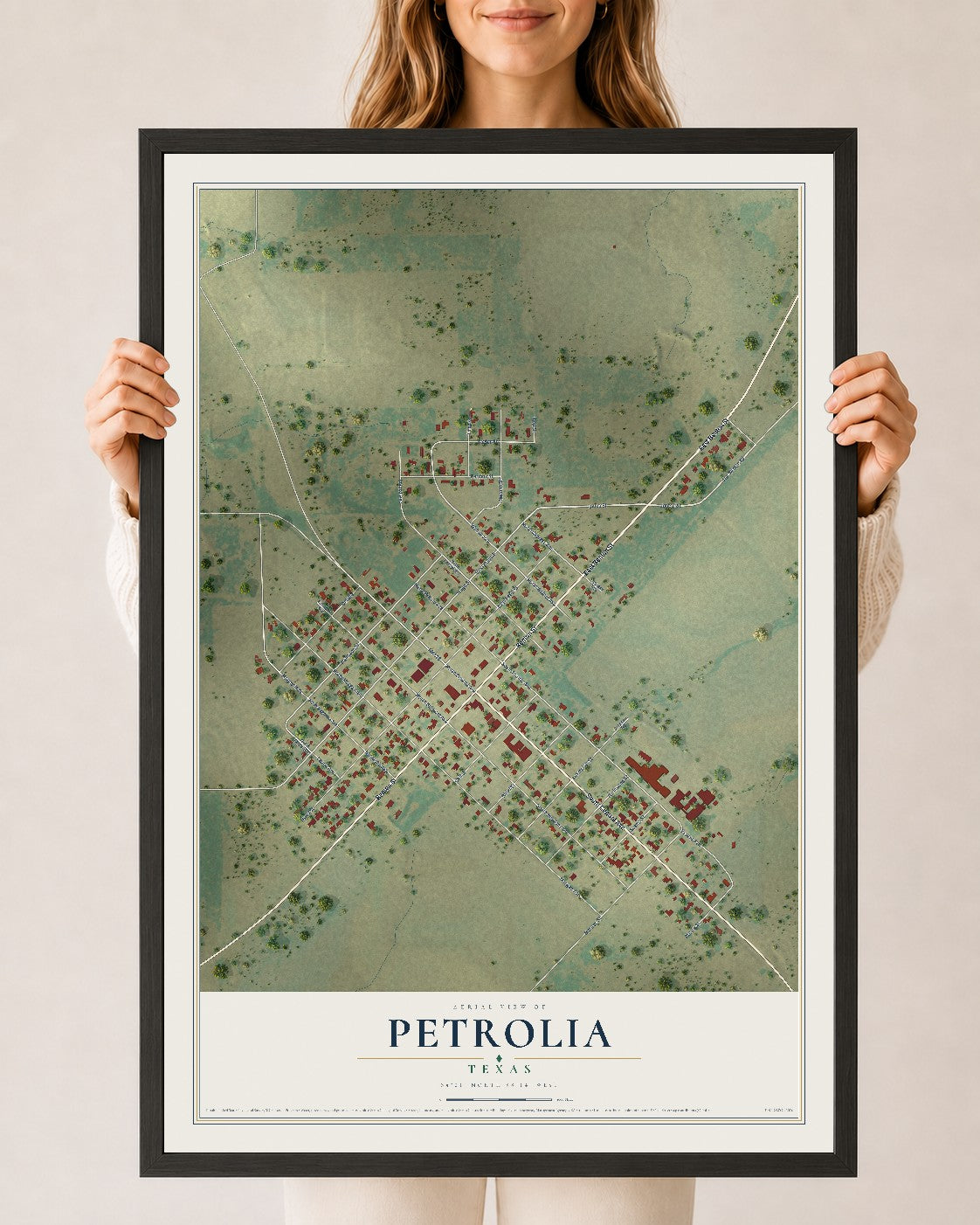 Map of Petrolia, Texas, 24 x 36 inch print in a black wood frame