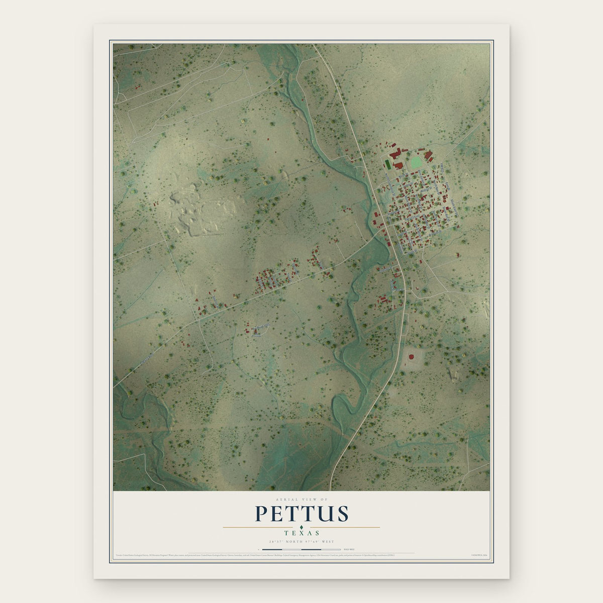Pettus, Texas map print, the full design