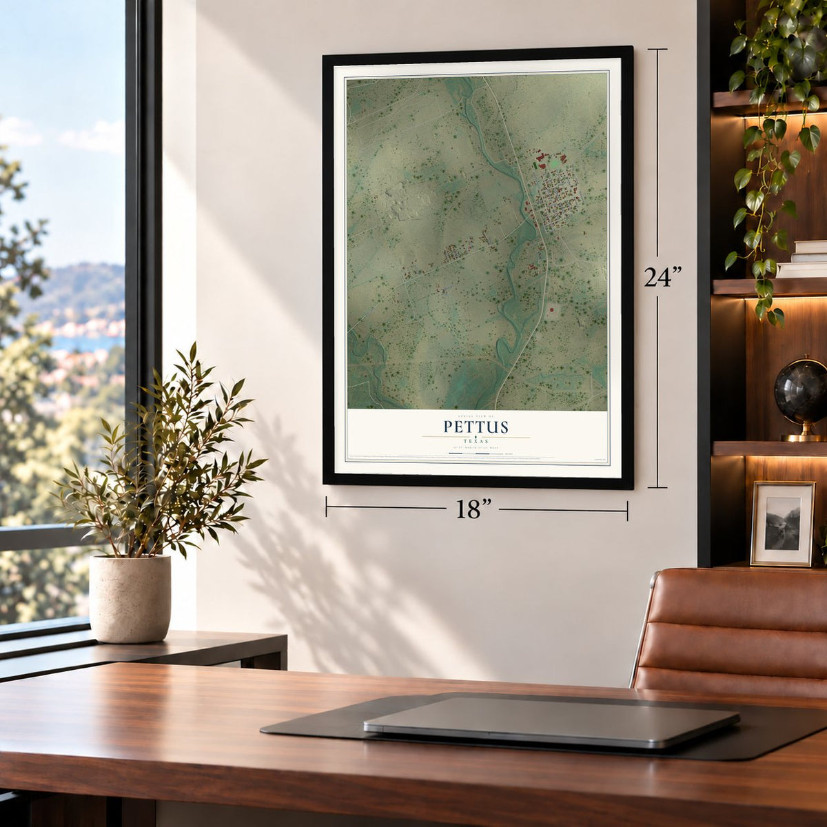 Pettus, Texas map, 18 x 24 inch print in a black frame in a home office