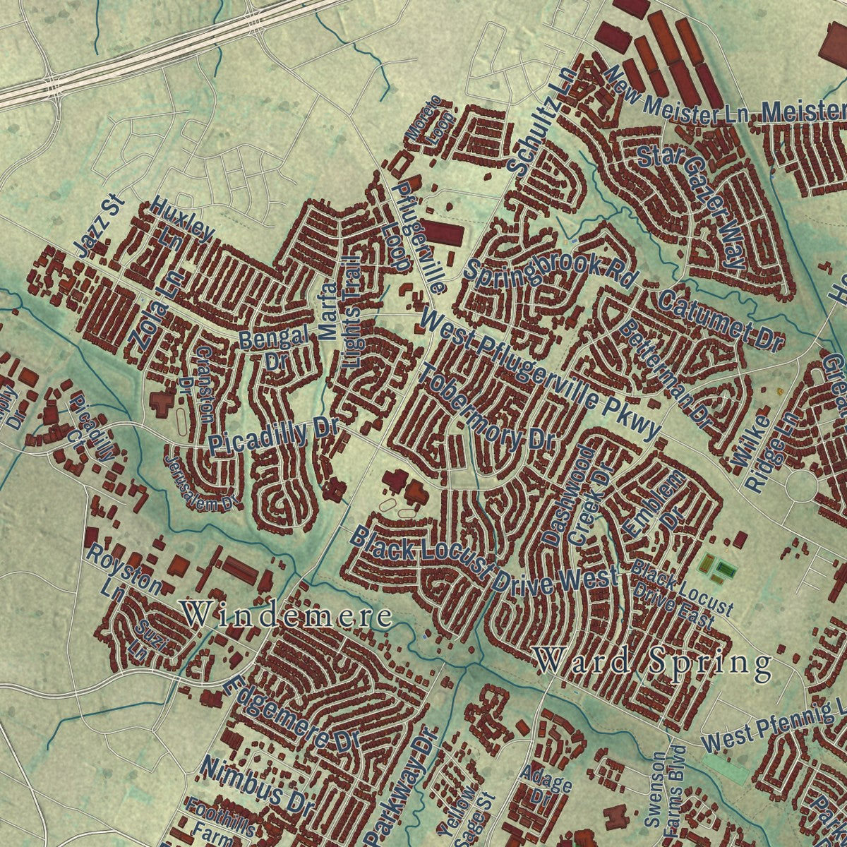 Close-up of the map of Pflugerville, Texas print showing street and building detail