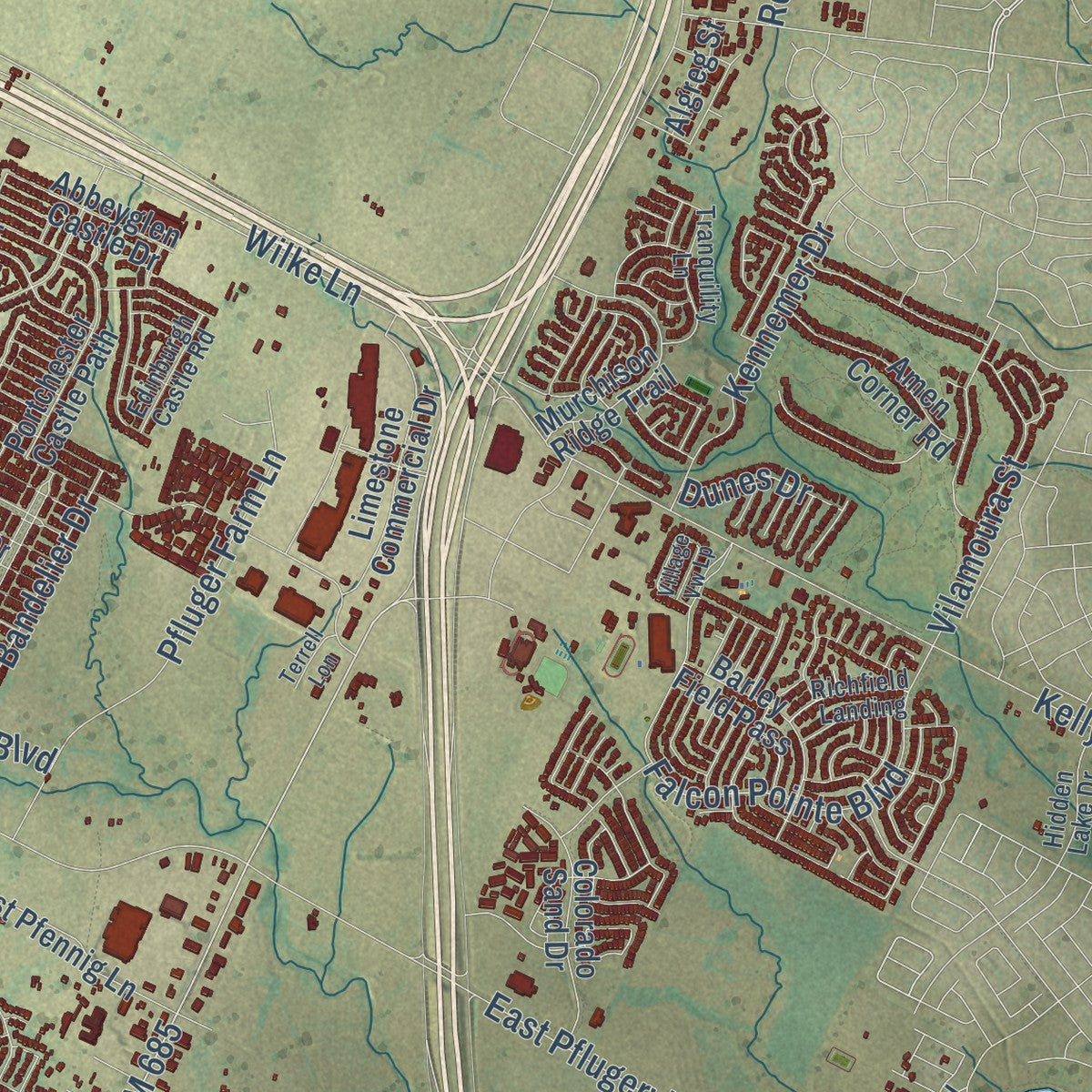 Second close-up of the map of Pflugerville, Texas print showing more streets and buildings