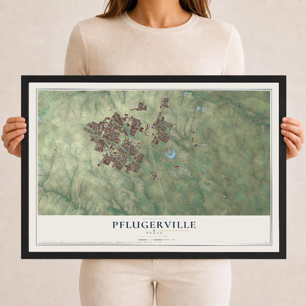 Map of Pflugerville, Texas, 12 x 18 inch print in a black wood frame