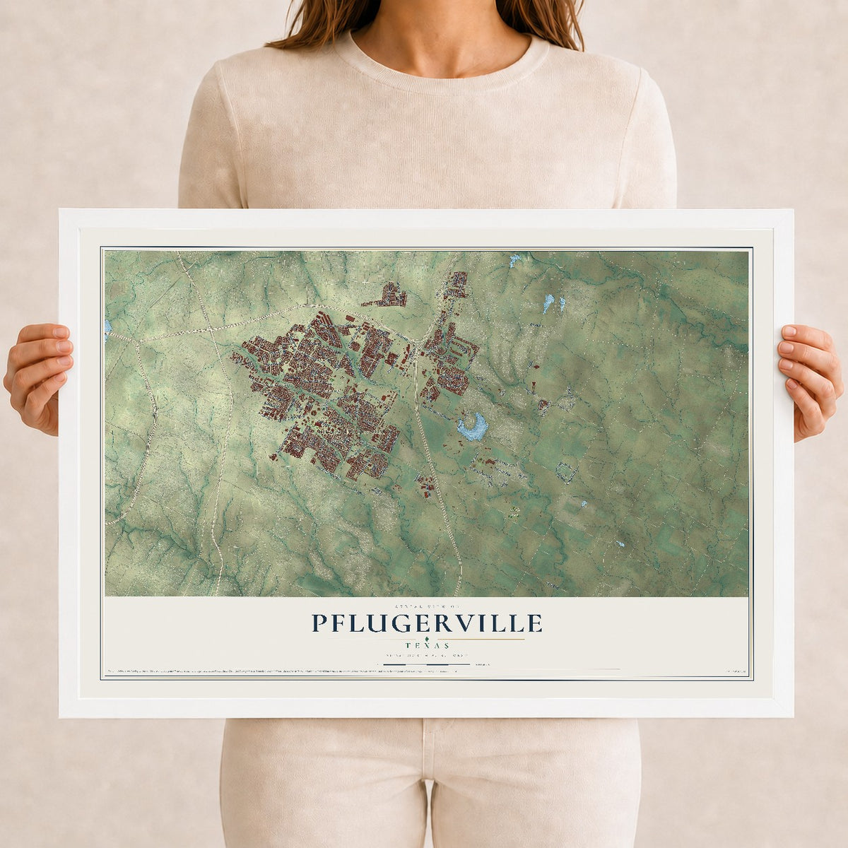 Map of Pflugerville, Texas, 12 x 18 inch print in a white wood frame