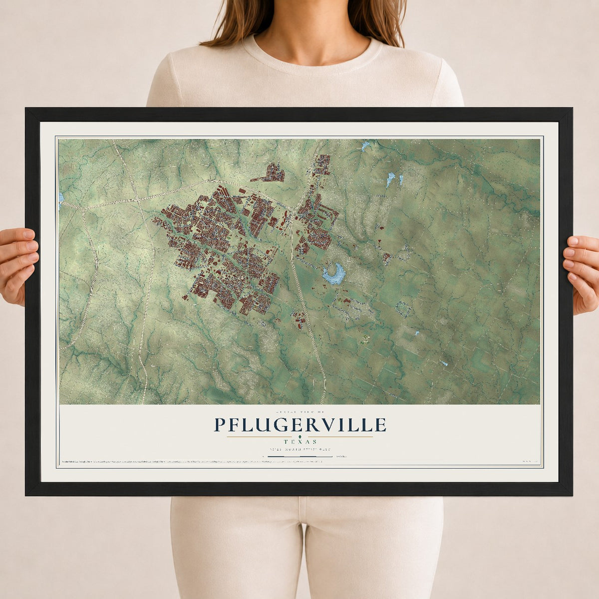 Map of Pflugerville, Texas, 18 x 24 inch print in a black wood frame