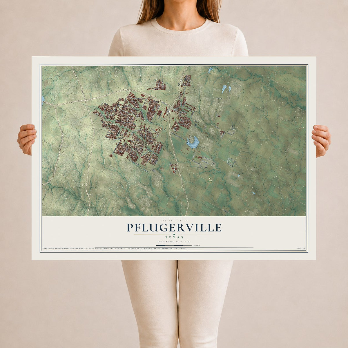 Map of Pflugerville, Texas, 24 x 36 inch unframed archival matte print