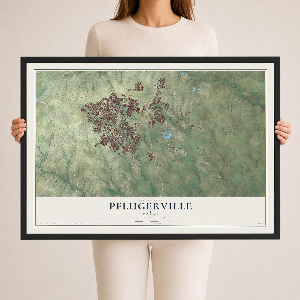 Map of Pflugerville, Texas, 24 x 36 inch print in a black wood frame