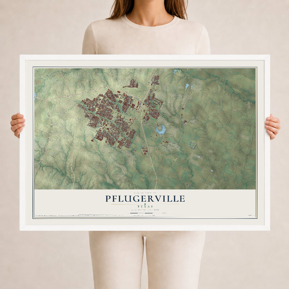Map of Pflugerville, Texas, 24 x 36 inch print in a white wood frame