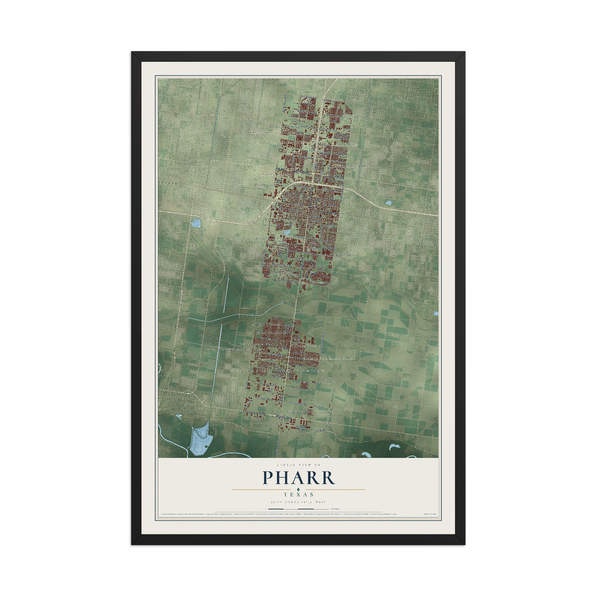 Map of Pharr, Texas, 12 x 18 inch print in a black wood frame