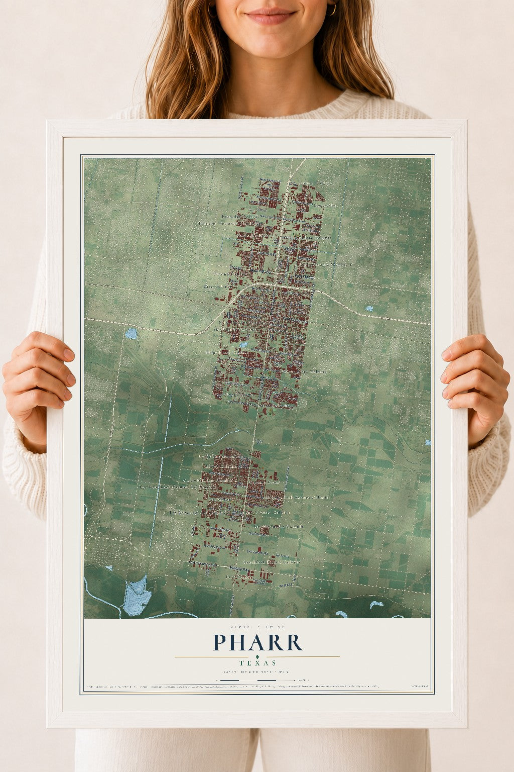 Map of Pharr, Texas, 18 x 24 inch print in a white wood frame