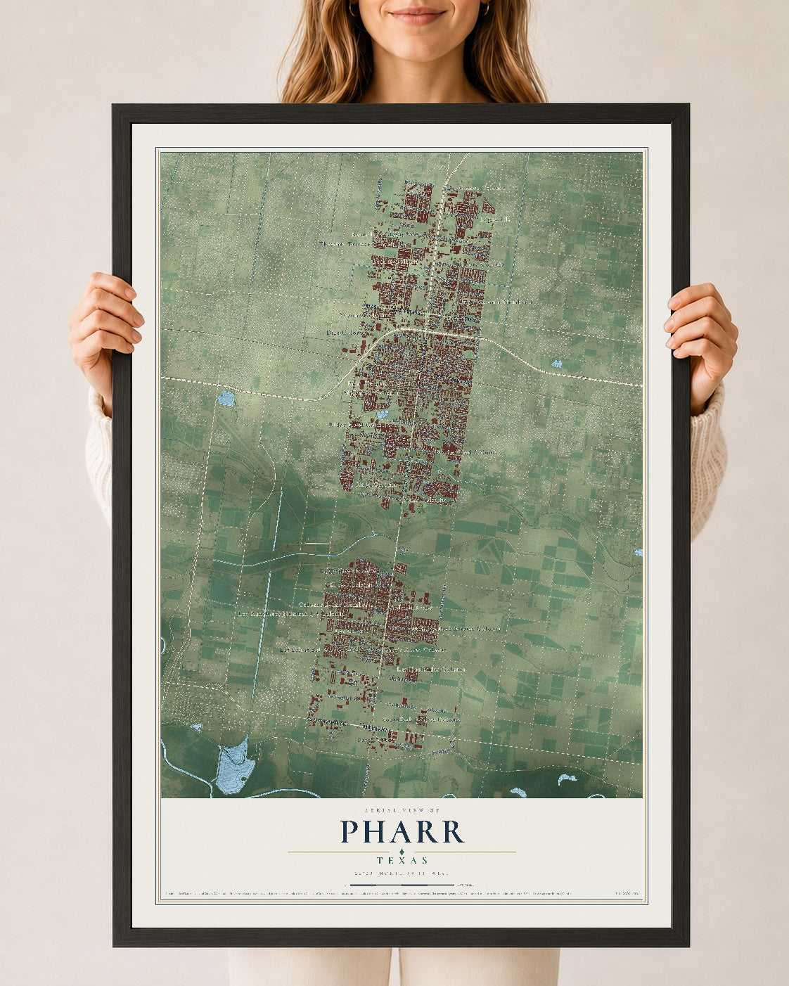 Map of Pharr, Texas, 24 x 36 inch print in a black wood frame