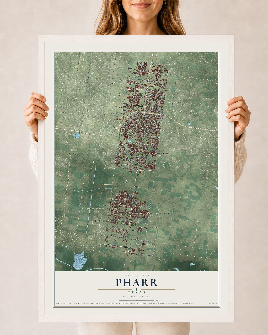 Map of Pharr, Texas, 24 x 36 inch print in a white wood frame