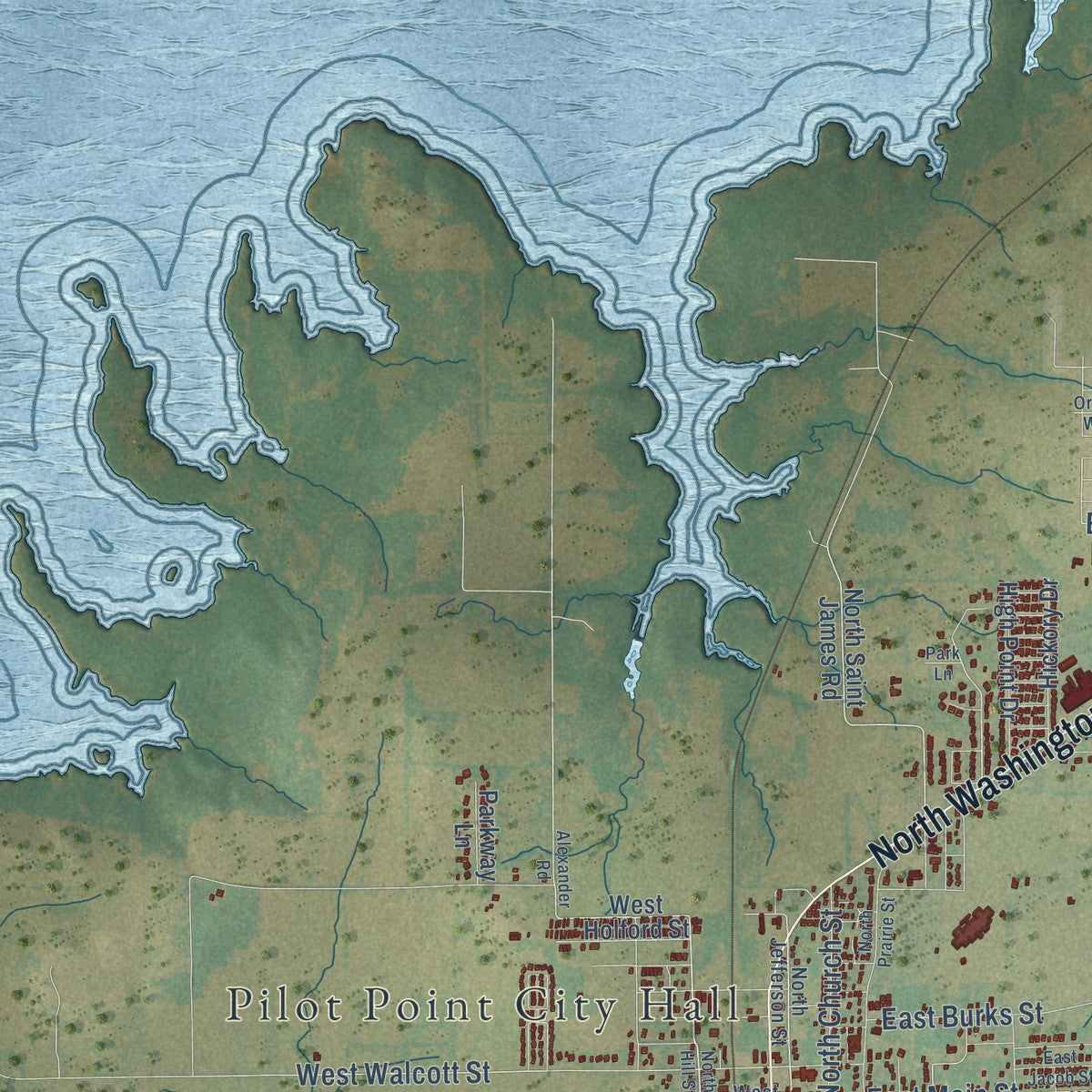 Close-up of the map of Pilot Point, Texas print showing street and building detail