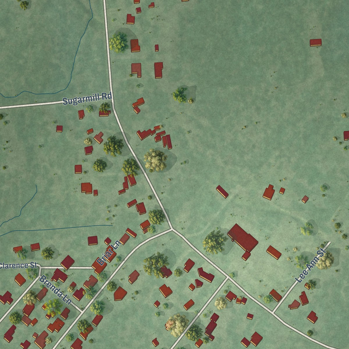 Second close-up of the map of Pine Forest, Texas print showing more streets and buildings