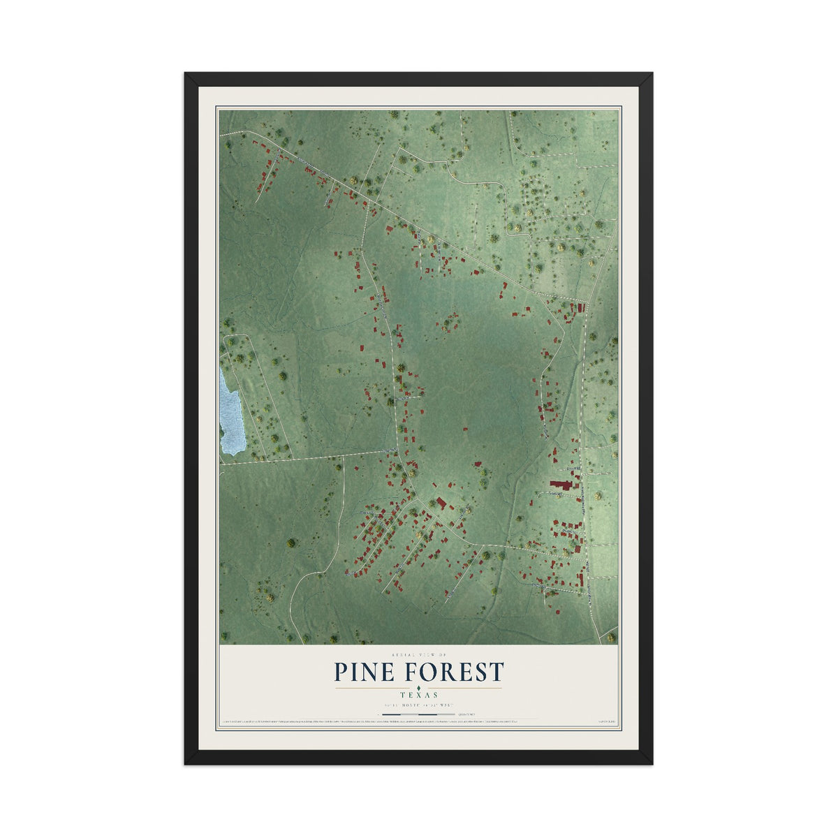 Map of Pine Forest, Texas, 12 x 18 inch print in a black wood frame