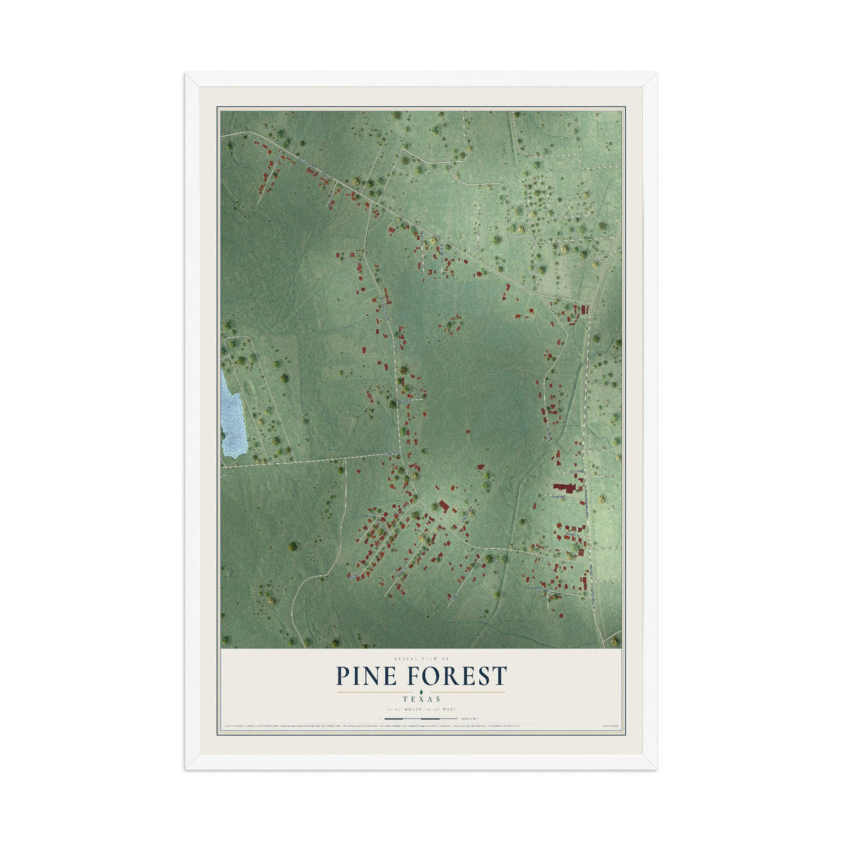 Map of Pine Forest, Texas, 12 x 18 inch print in a white wood frame