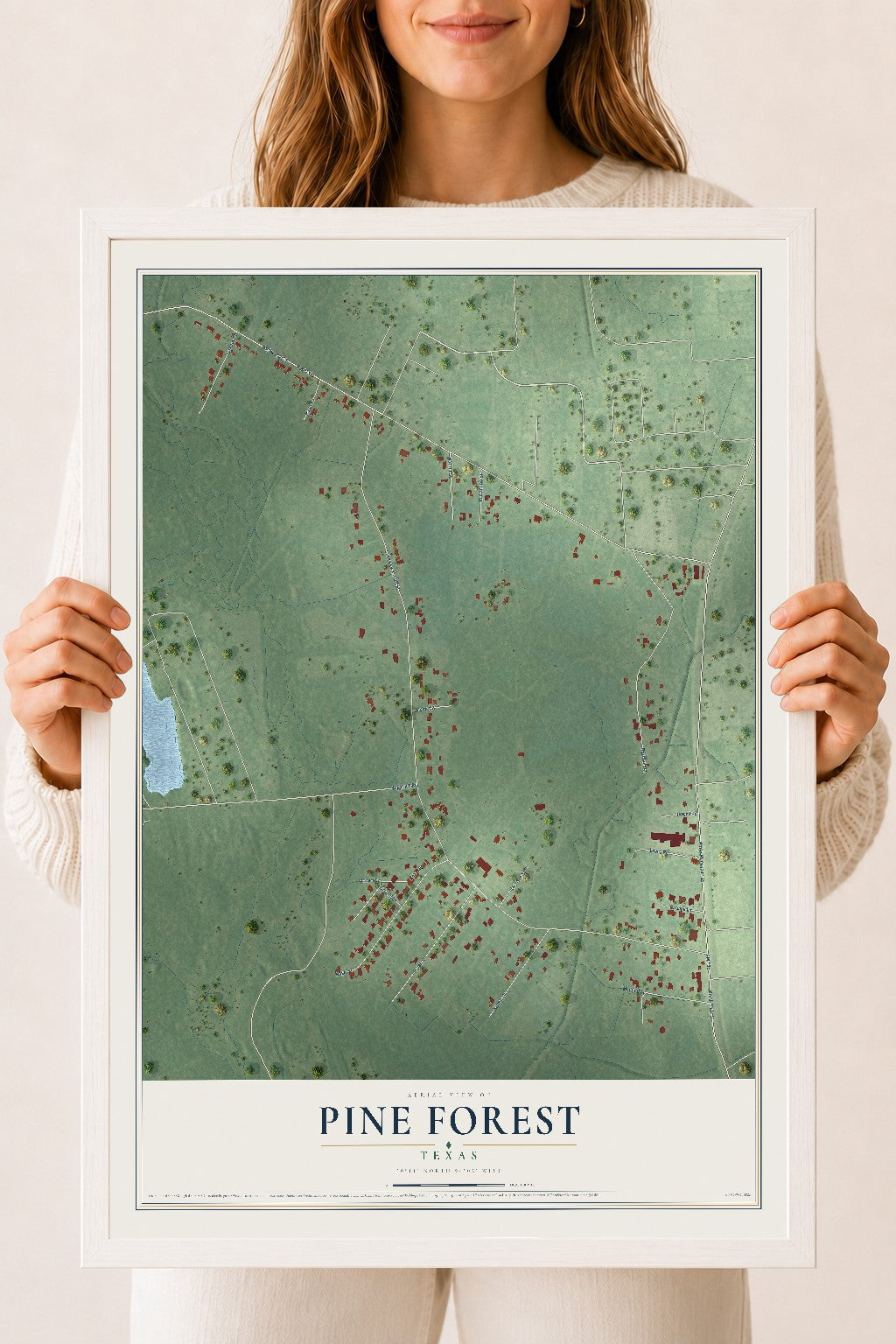Map of Pine Forest, Texas, 18 x 24 inch print in a white wood frame